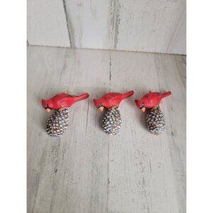 Red cardinal pinecone bird set ornament Xmas glitter